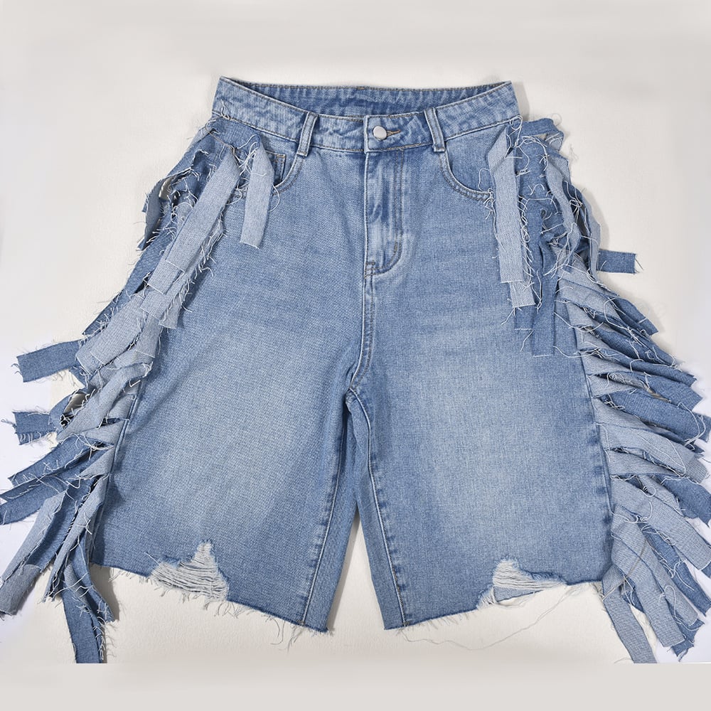 Summer Women High Waist Stretch Acid Wash Denim Shorts Casual Fashionable Knee Length Ripped Hole Tassel Jean Shorts factory