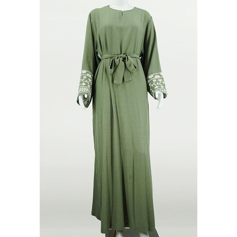 Embroidered Rayon Maxi Abaya Dress Closed and Belted Abaya Solid Islamic Long Modest Dress factory