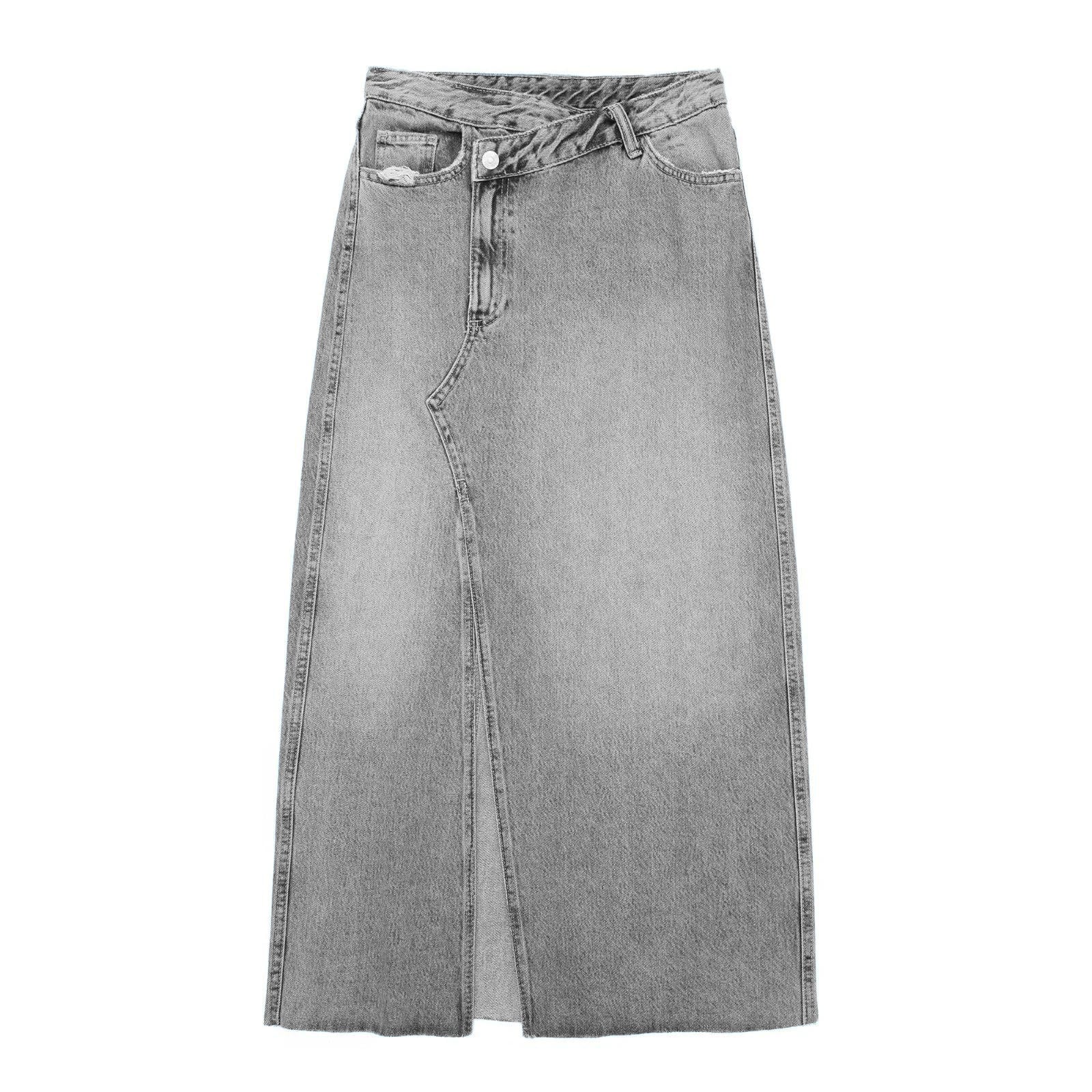 High Quality Irregular Diagonal Button Design Vintage Highwaist Denim Jeans Midi Split Skirt for Women supplier