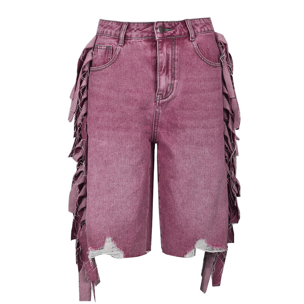 Summer Women High Waist Stretch Acid Wash Denim Shorts Casual Fashionable Knee Length Ripped Hole Tassel Jean Shorts supplier