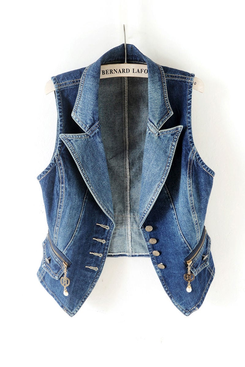 2024 Custom Women's Vest Slim Lapel Blue Denim Vest Jean Vest Women manufacture