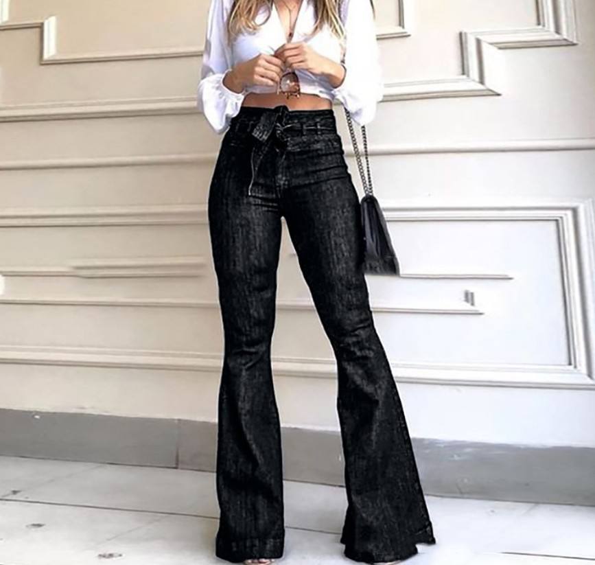 Bell Bottom Trousers Elastic Waist Solid Leggings Pleated Flared Pants for Women supplier
