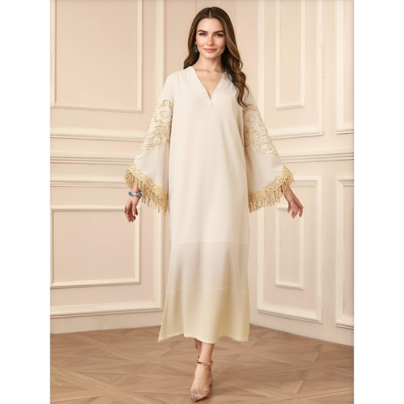 Customization Elegant Arabian Dress Abaya Muslim Women V-Neck Embroidered Tassel Robe Middle East Long Ramadan Dress details