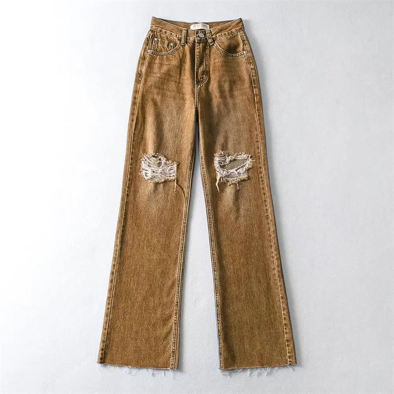 New Arrivals Fashion Loose Light Blue Denim Pants Wide Leg Ripped Jeans for Women manufacture