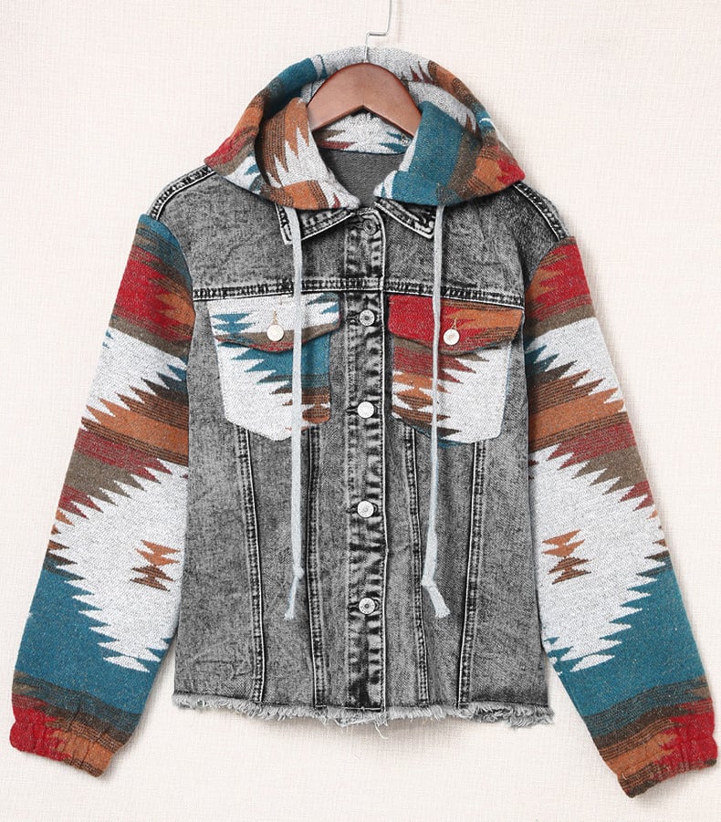 Vintage Aztec Western Style Frayed Hem Denim Jacket Hooded Jacket for Women factory