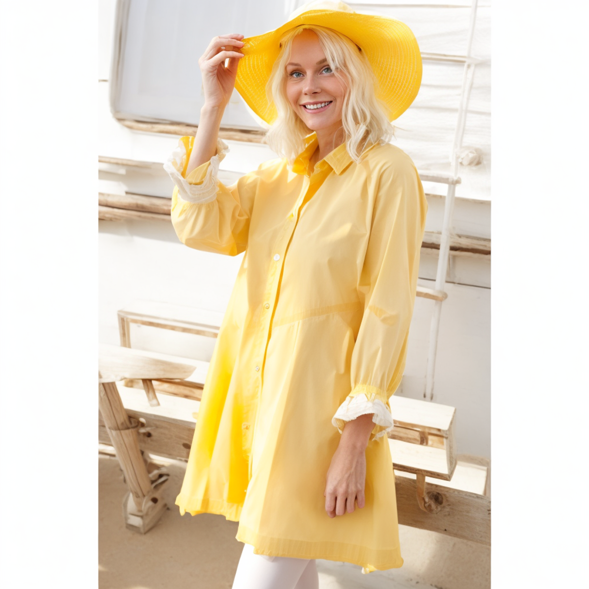 Cotton Summer Sky Blue Ladies Jean Dresses Buttoned Long Sleeve Ruffle Denim Dress Women details