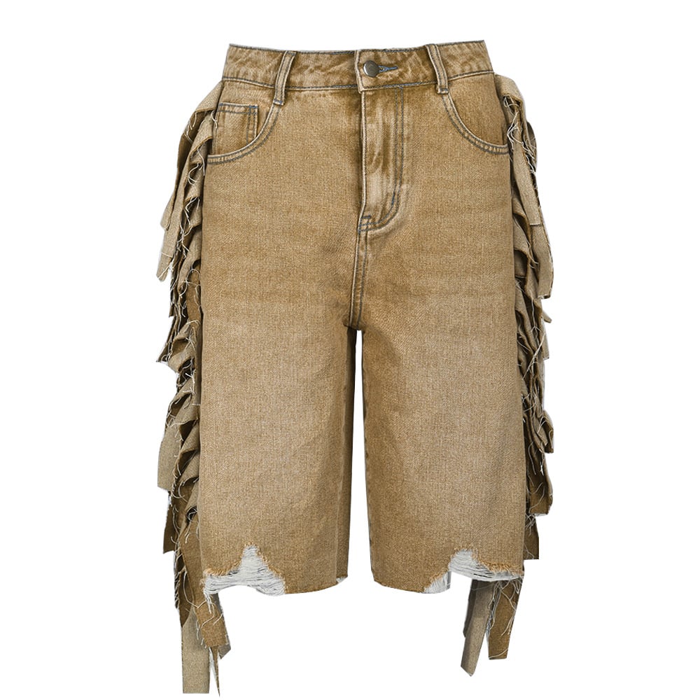Summer Women High Waist Stretch Acid Wash Denim Shorts Casual Fashionable Knee Length Ripped Hole Tassel Jean Shorts details