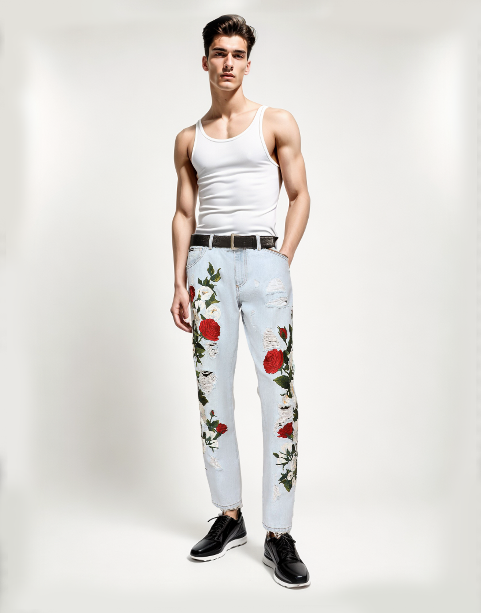 Custom wholesale men's new popular casual fashion single item rose flower embroidery ripped denim straight leg jeans details