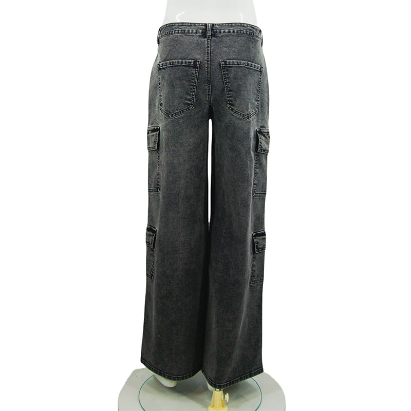 Women's Denim Work Pants with Wide Legs and High Waist, Classic Women's Jeans, Fashionable Women's Large Pocket Denim Pants factory