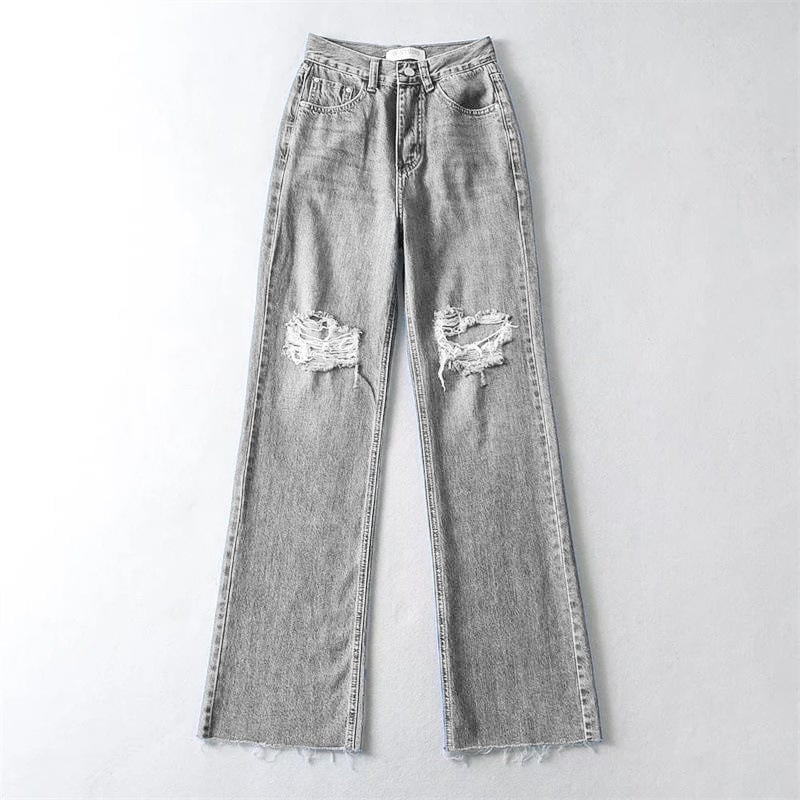 New Arrivals Fashion Loose Light Blue Denim Pants Wide Leg Ripped Jeans for Women factory