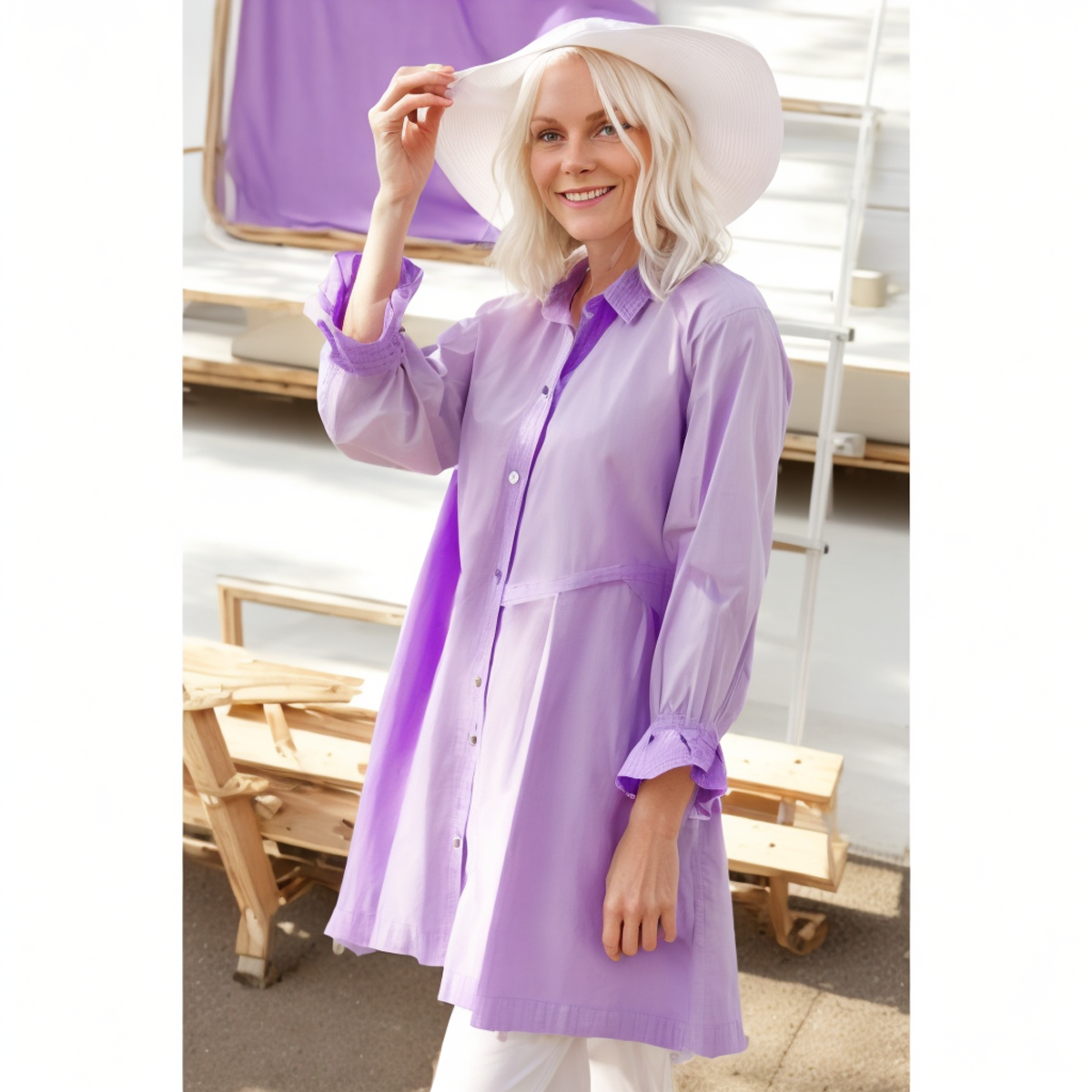 Cotton Summer Sky Blue Ladies Jean Dresses Buttoned Long Sleeve Ruffle Denim Dress Women details
