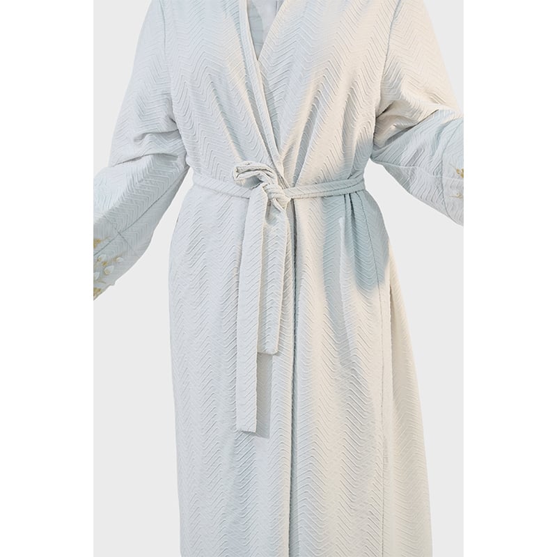 Ethereal White Open Abaya Artisan Cuff Embroidery Sculpted Waist Tie Fastening Minimalist Elegance Graceful Flow supplier