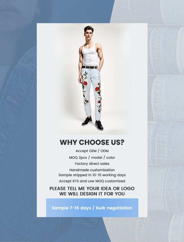 Custom wholesale men's new popular casual fashion single item rose flower embroidery ripped denim straight leg jeans details