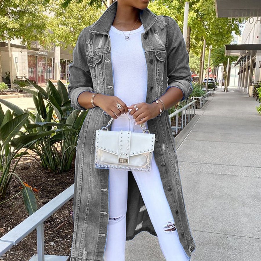 Denim Jacket Women's Solid Color Tassel Breasted Ripped Hole Long Denim Trench Coat supplier