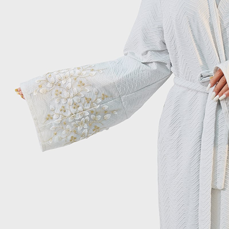 Ethereal White Open Abaya Artisan Cuff Embroidery Sculpted Waist Tie Fastening Minimalist Elegance Graceful Flow manufacture