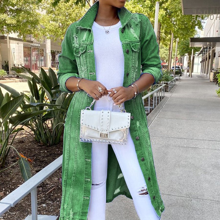 Denim Jacket Women's Solid Color Tassel Breasted Ripped Hole Long Denim Trench Coat factory