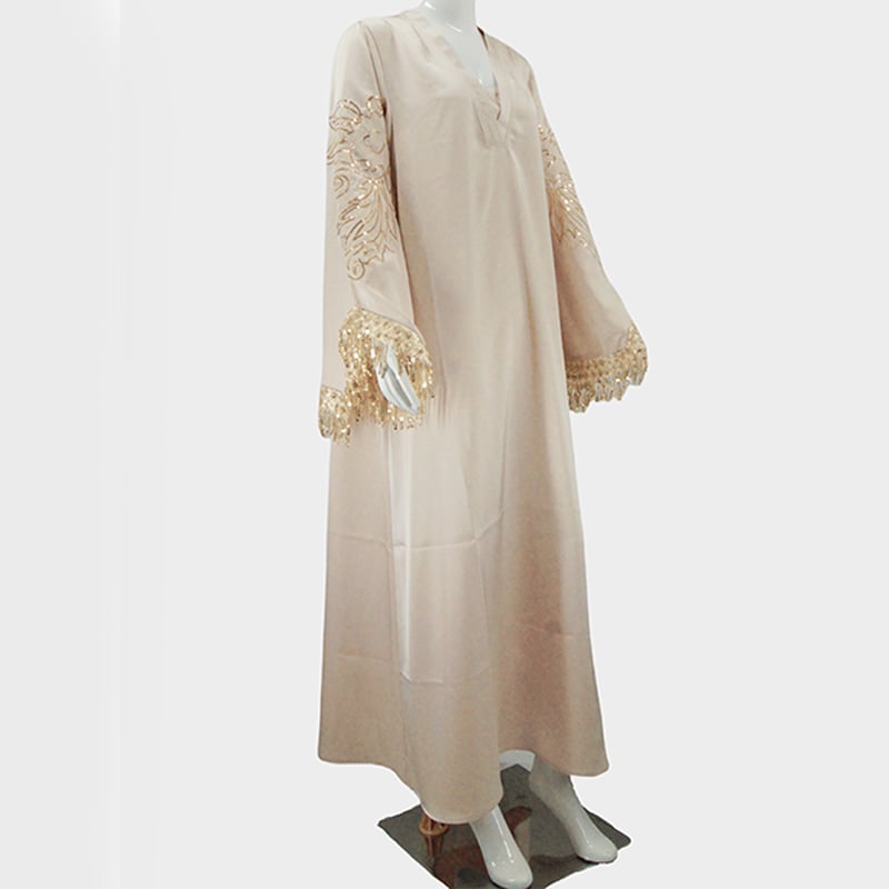 Customization Elegant Arabian Dress Abaya Muslim Women V-Neck Embroidered Tassel Robe Middle East Long Ramadan Dress factory