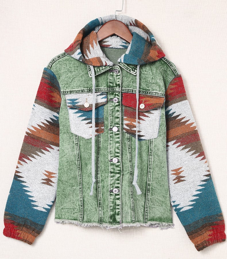 Vintage Aztec Western Style Frayed Hem Denim Jacket Hooded Jacket for Women details