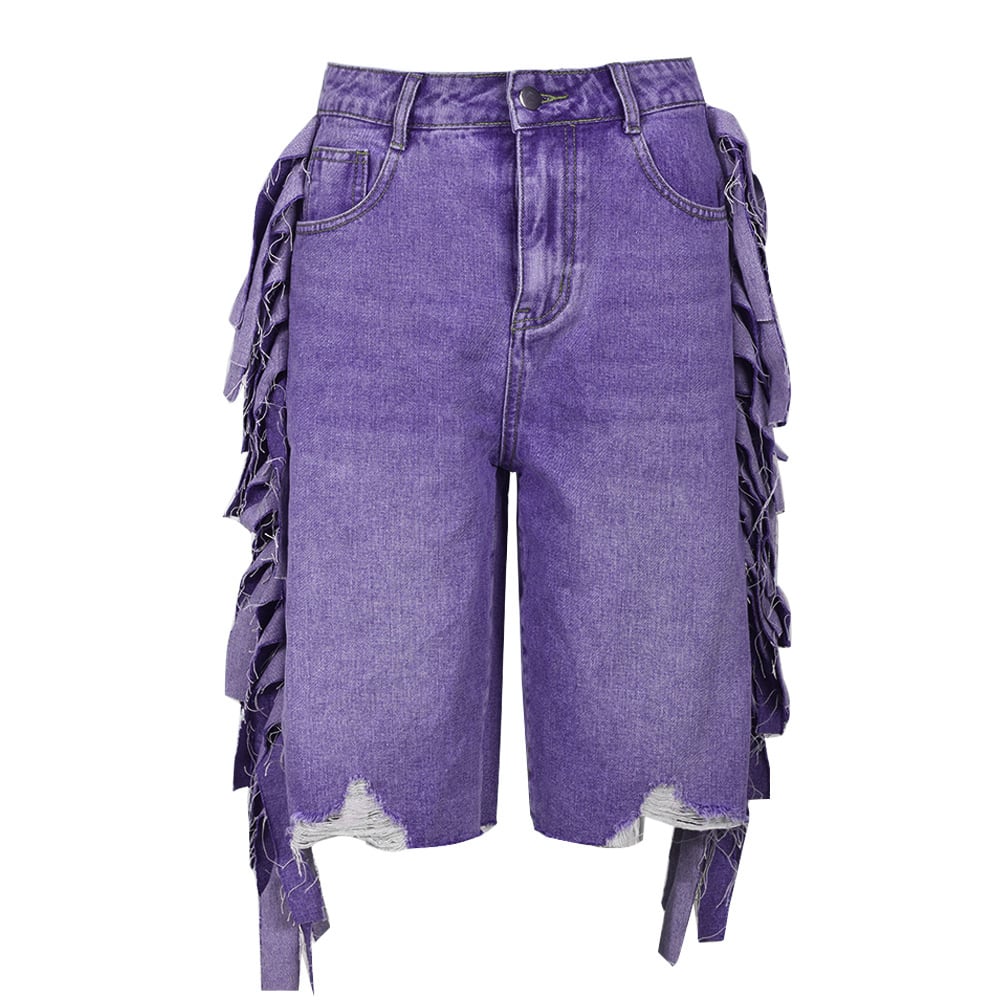 Summer Women High Waist Stretch Acid Wash Denim Shorts Casual Fashionable Knee Length Ripped Hole Tassel Jean Shorts manufacture