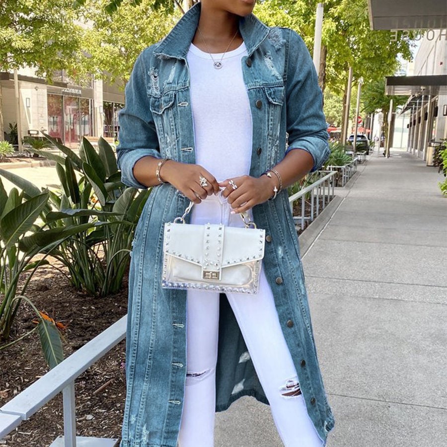 Denim Jacket Women's Solid Color Tassel Breasted Ripped Hole Long Denim Trench Coat supplier