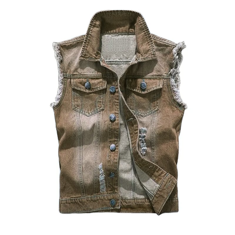 Custom Denim Vest Lapel Sleeveless Slim Fit Retro Ripped Casual Jean Vest for Man Multi Pockets Waistcoat Utility Vest manufacture