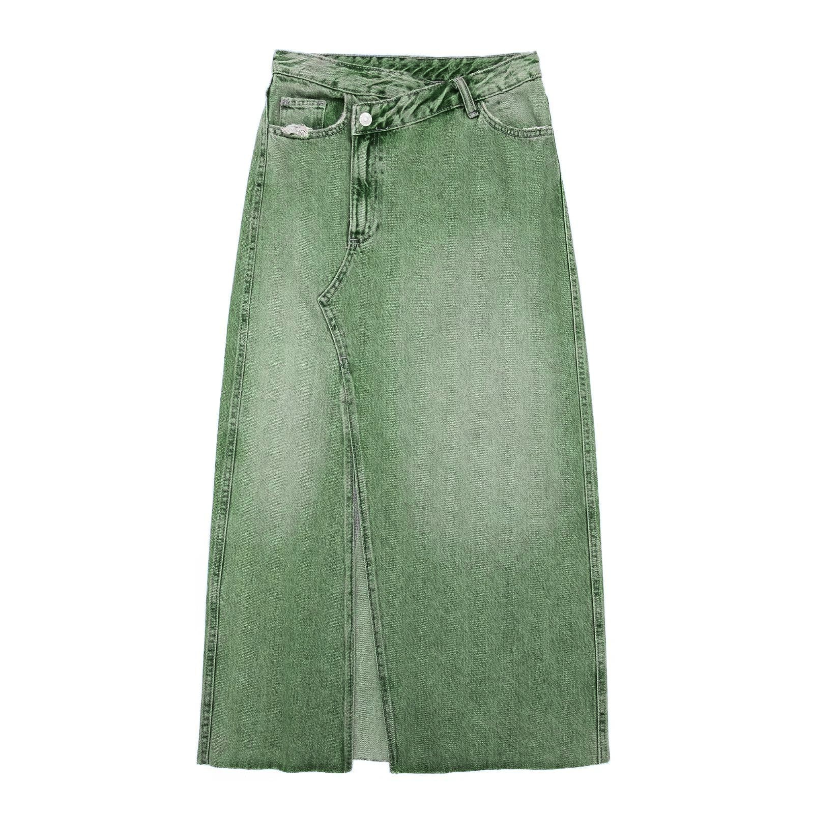 High Quality Irregular Diagonal Button Design Vintage Highwaist Denim Jeans Midi Split Skirt for Women factory