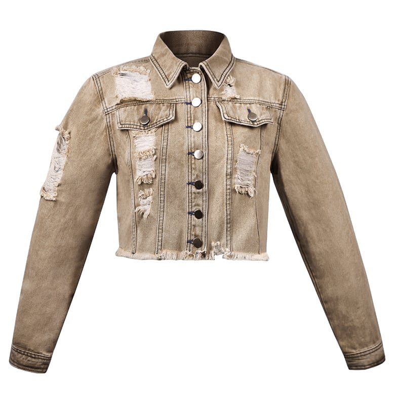 Wholesale Fashion Casual Ripped Distressed Vintage Washed Denim Jackets Crop Tops for Women Stylish supplier
