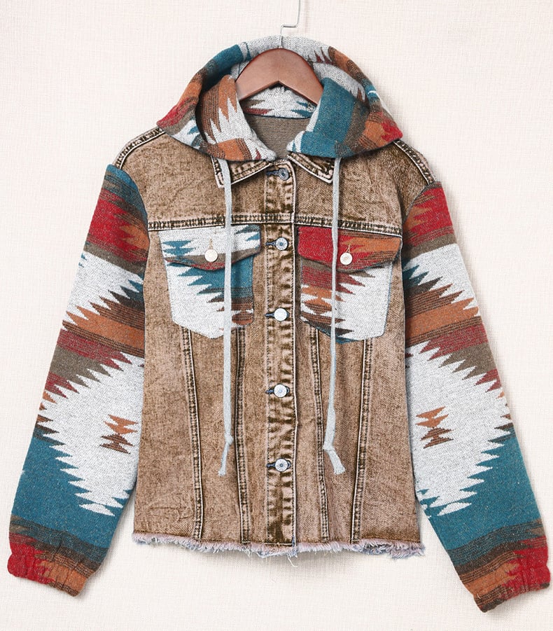 Vintage Aztec Western Style Frayed Hem Denim Jacket Hooded Jacket for Women details