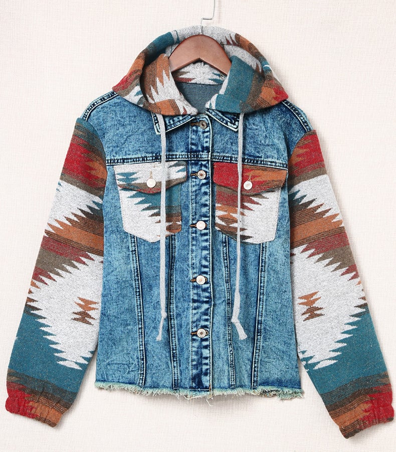 Vintage Aztec Western Style Frayed Hem Denim Jacket Hooded Jacket for Women manufacture