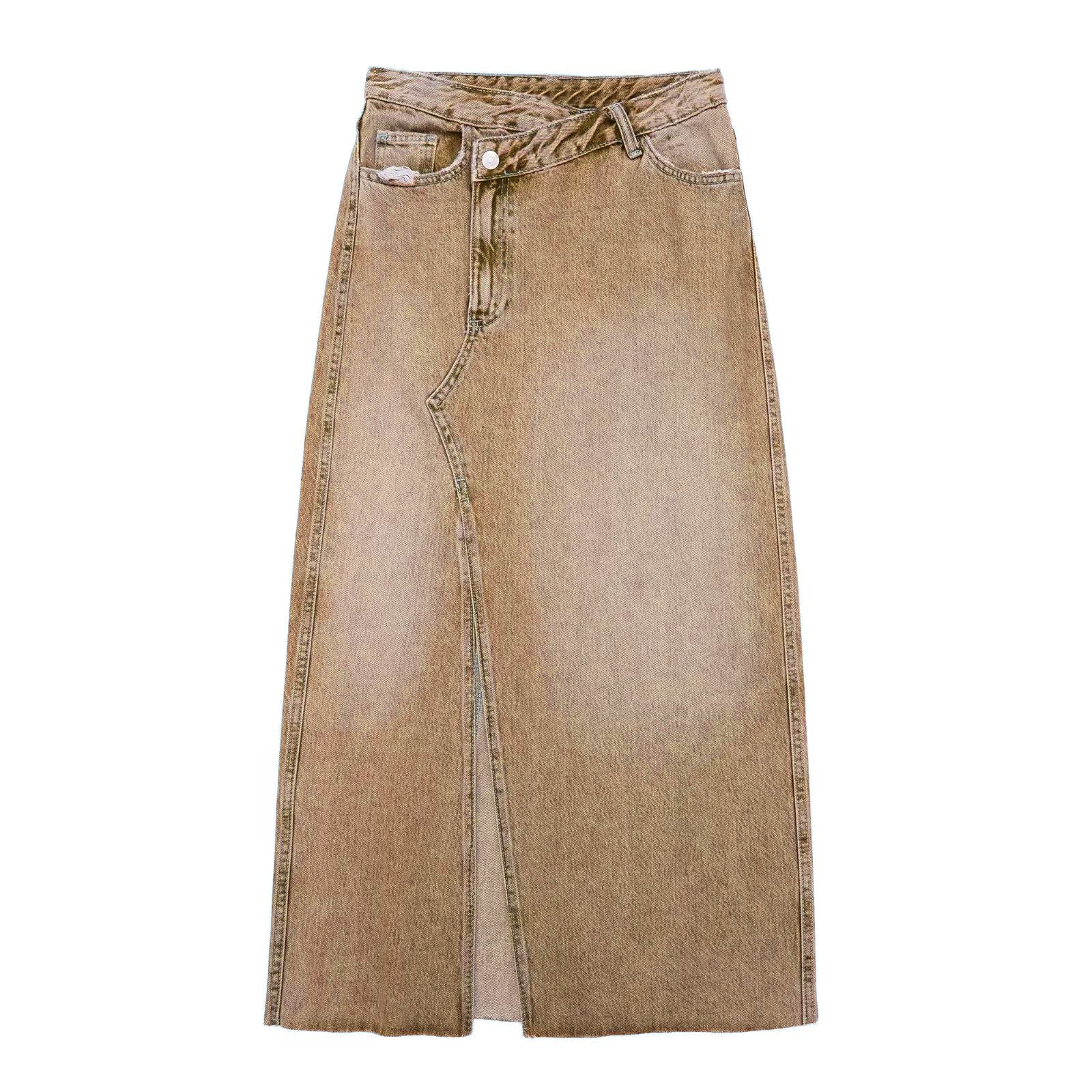 High Quality Irregular Diagonal Button Design Vintage Highwaist Denim Jeans Midi Split Skirt for Women manufacture