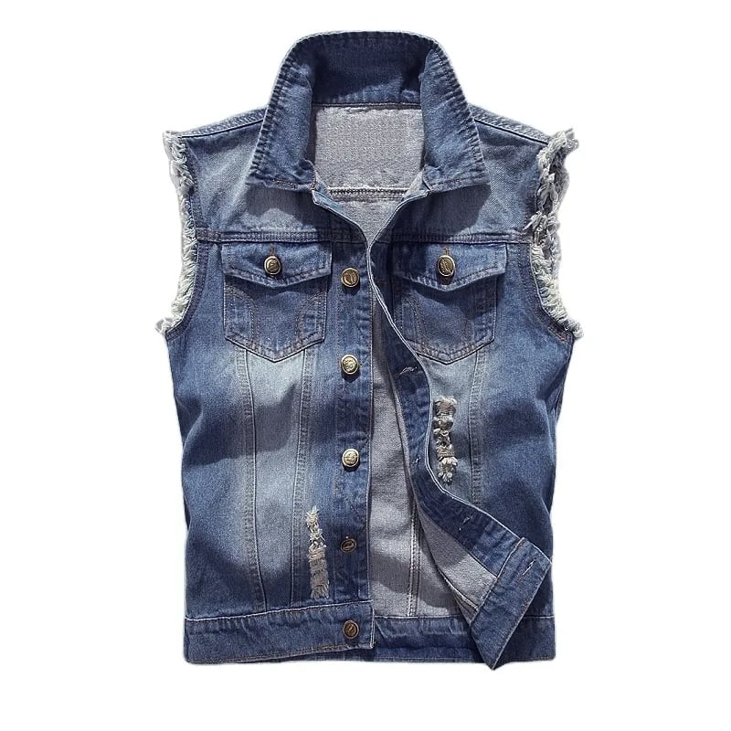 Custom Denim Vest Lapel Sleeveless Slim Fit Retro Ripped Casual Jean Vest for Man Multi Pockets Waistcoat Utility Vest details