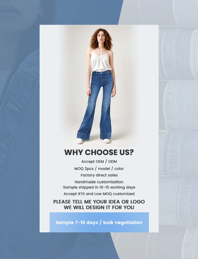 Custom wholesale factory direct sales ladies new casual fashion pocket design decoration medium blue wash micro flared jeans details