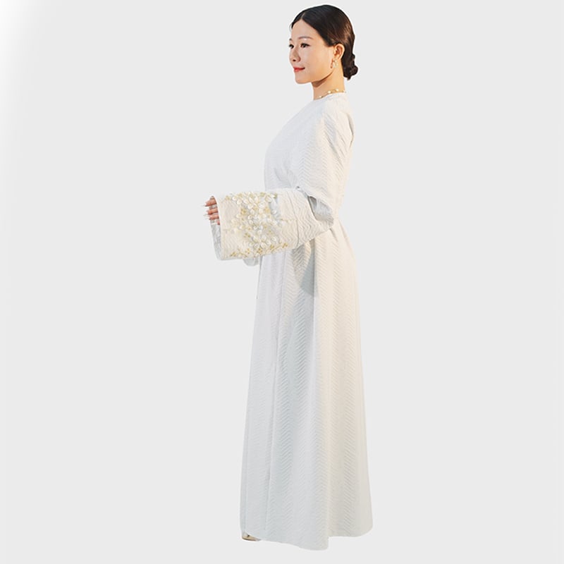 Ethereal White Open Abaya Artisan Cuff Embroidery Sculpted Waist Tie Fastening Minimalist Elegance Graceful Flow manufacture