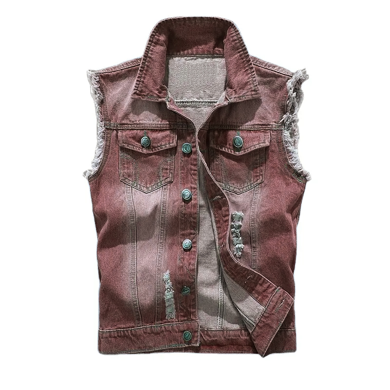 Custom Denim Vest Lapel Sleeveless Slim Fit Retro Ripped Casual Jean Vest for Man Multi Pockets Waistcoat Utility Vest details