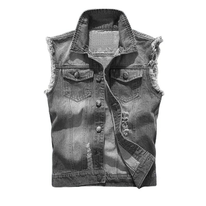 Custom Denim Vest Lapel Sleeveless Slim Fit Retro Ripped Casual Jean Vest for Man Multi Pockets Waistcoat Utility Vest supplier