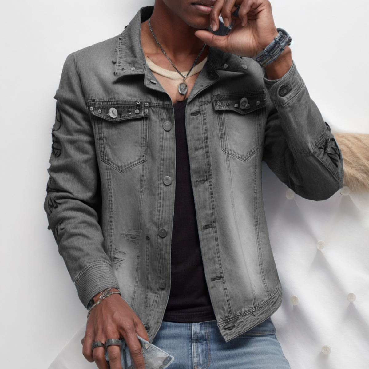 Wholesales Fashion Streetwear Jeans Blazer Jacket Men Rivet Motorcycle Coat Hip Hop Patchwork denim Jean Jackets Men details