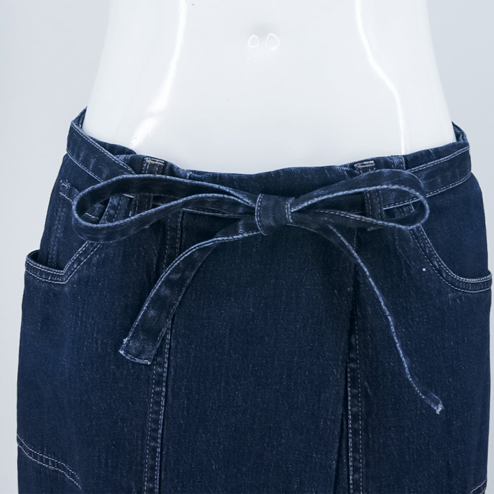 Women's Casual A-Line Midi Jean Skirt Knitted Pockets Frill Tie Waist Denim Skirt Frill factory