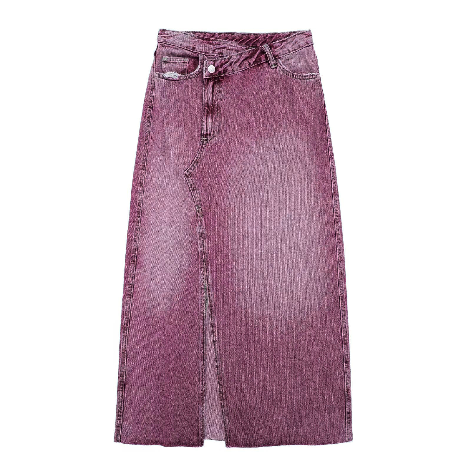 High Quality Irregular Diagonal Button Design Vintage Highwaist Denim Jeans Midi Split Skirt for Women manufacture