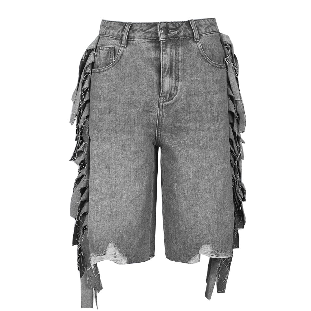 Summer Women High Waist Stretch Acid Wash Denim Shorts Casual Fashionable Knee Length Ripped Hole Tassel Jean Shorts details