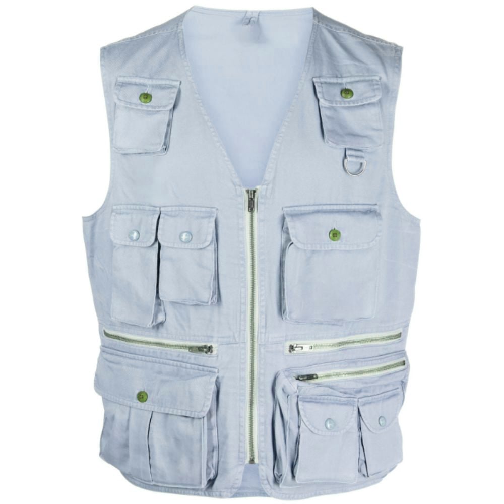Custom Fashionable Cotton Vest Solid Color Woven Casual Wear Sleeveless Waistcoat Men's Vest With Multi Pocket manufacture