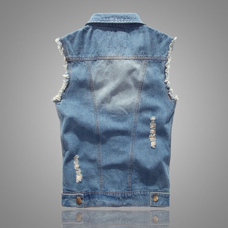 Custom Denim Vest Lapel Sleeveless Slim Fit Retro Ripped Casual Jean Vest for Man Multi Pockets Waistcoat Utility Vest factory