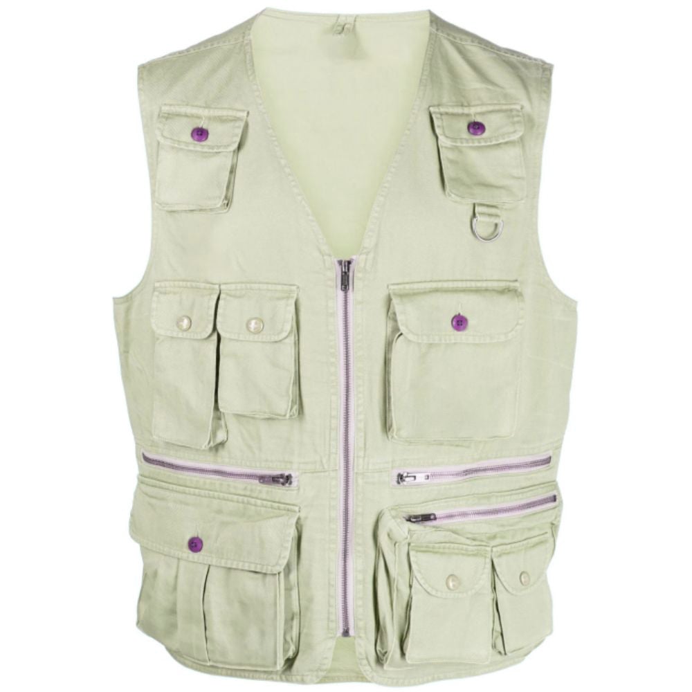 Custom Fashionable Cotton Vest Solid Color Woven Casual Wear Sleeveless Waistcoat Men's Vest With Multi Pocket details