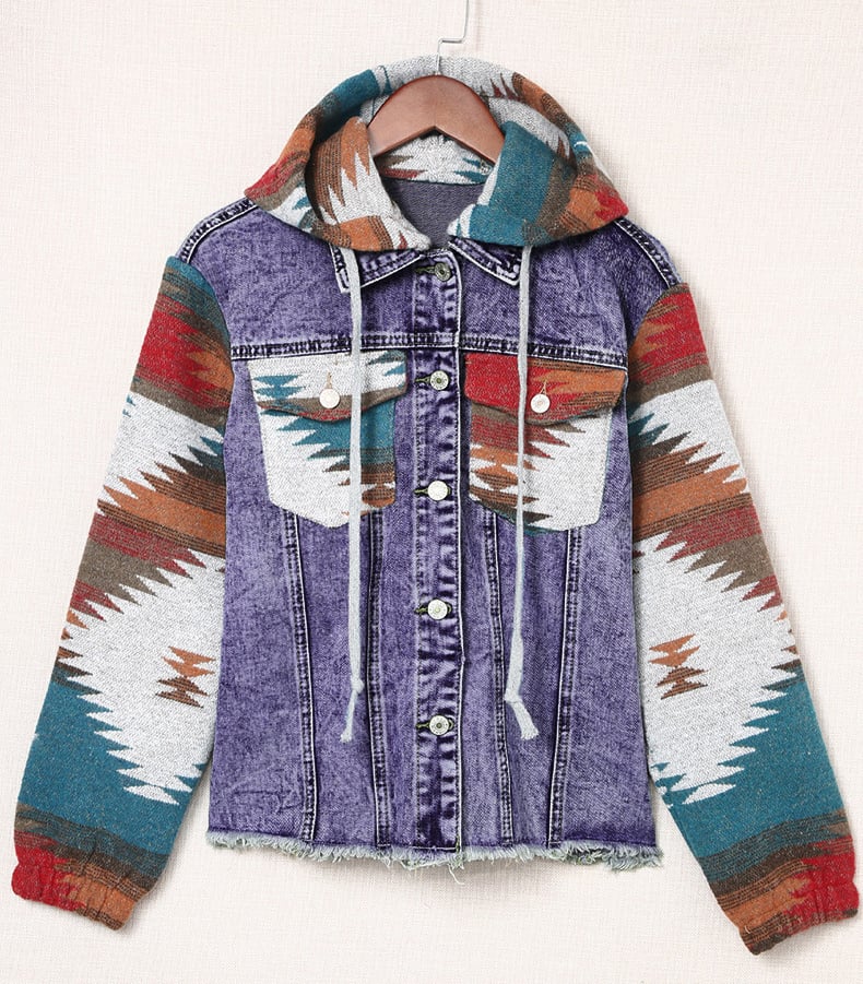 Vintage Aztec Western Style Frayed Hem Denim Jacket Hooded Jacket for Women supplier