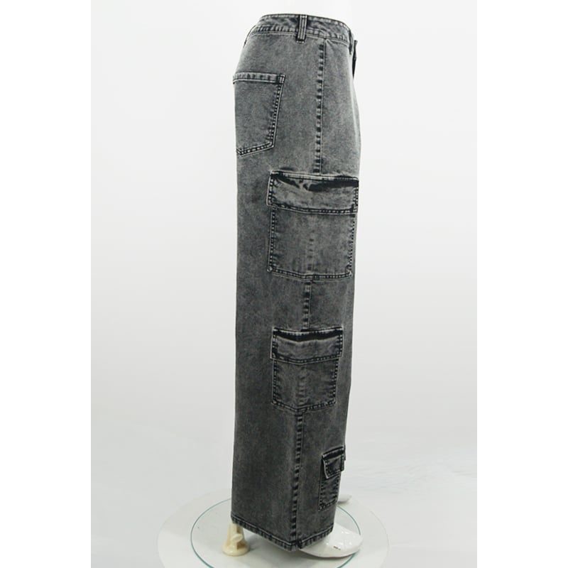 Women's Denim Work Pants with Wide Legs and High Waist, Classic Women's Jeans, Fashionable Women's Large Pocket Denim Pants supplier