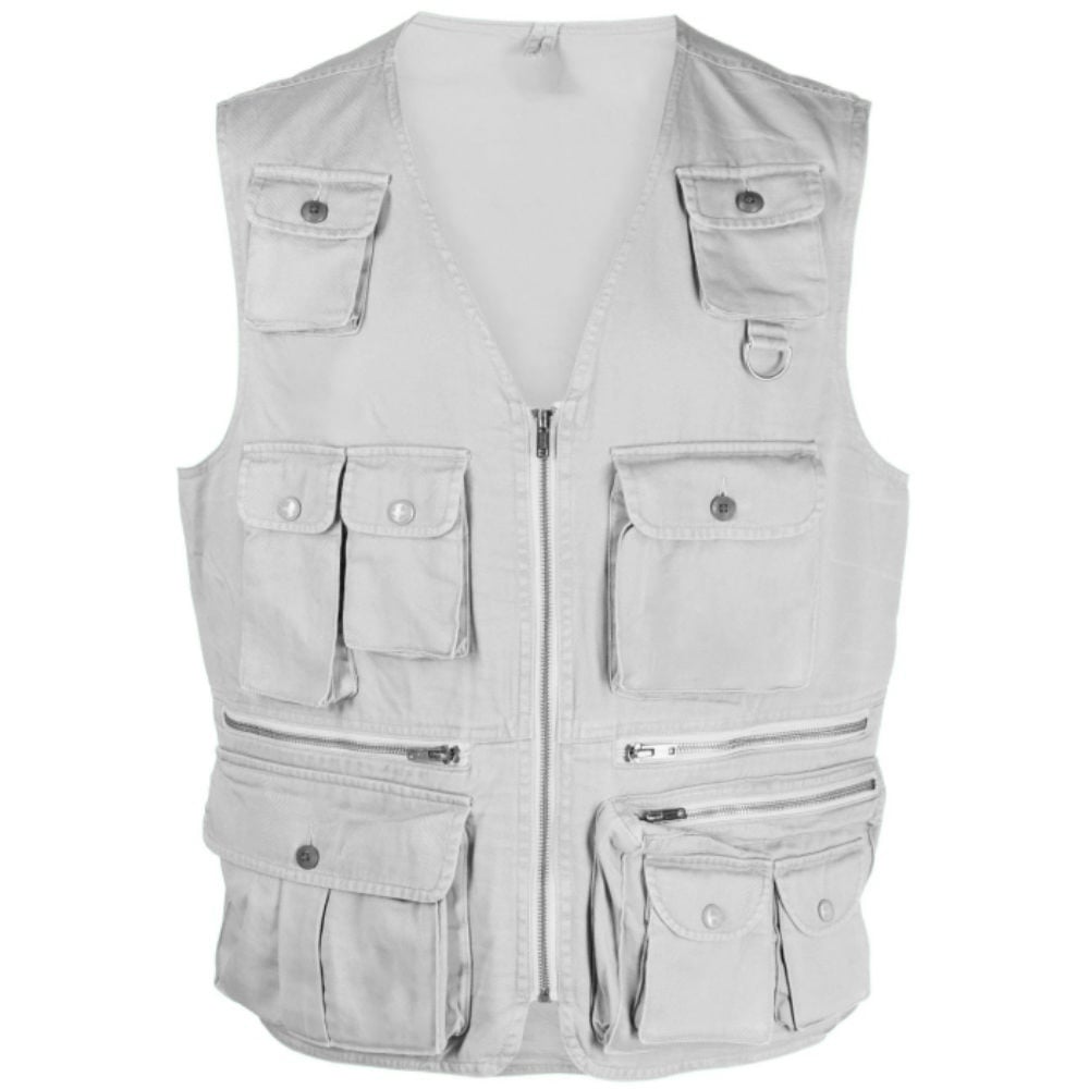 Custom Fashionable Cotton Vest Solid Color Woven Casual Wear Sleeveless Waistcoat Men's Vest With Multi Pocket supplier