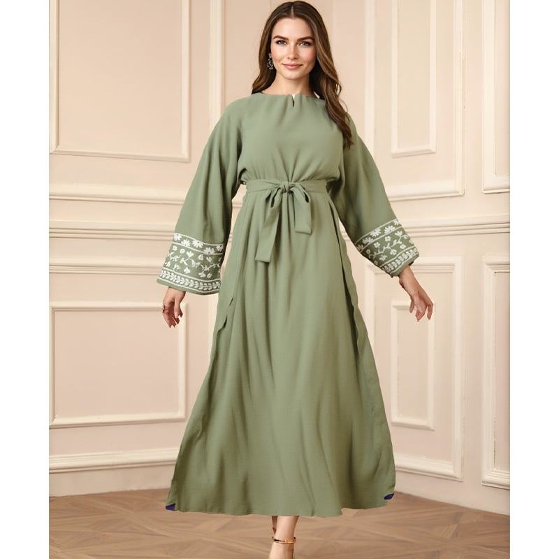 Embroidered Rayon Maxi Abaya Dress Closed and Belted Abaya Solid Islamic Long Modest Dress details