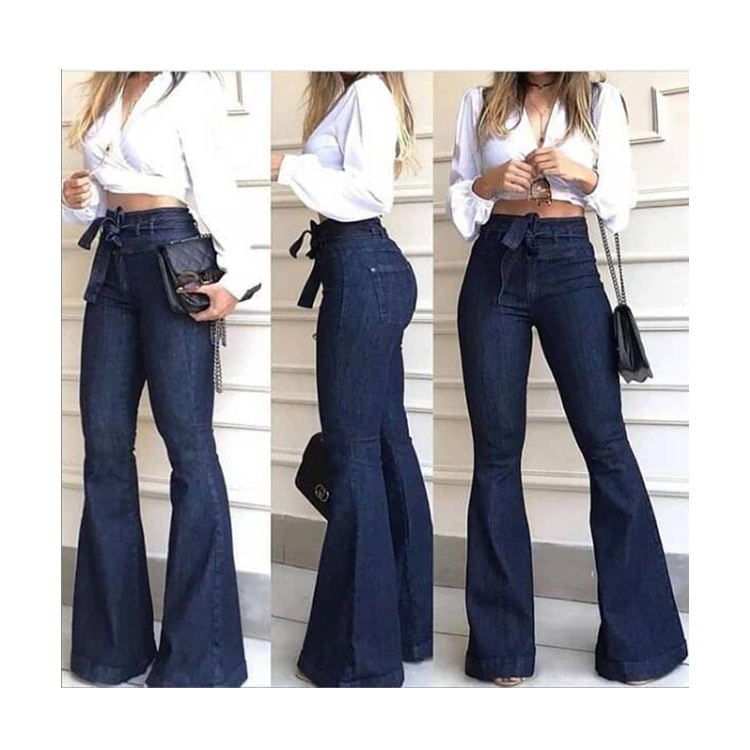 Bell Bottom Trousers Elastic Waist Solid Leggings Pleated Flared Pants for Women factory