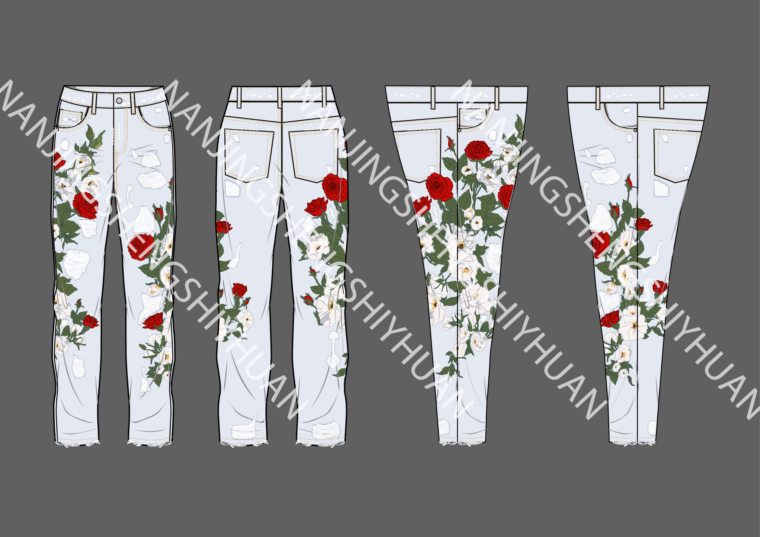 Custom wholesale men's new popular casual fashion single item rose flower embroidery ripped denim straight leg jeans supplier