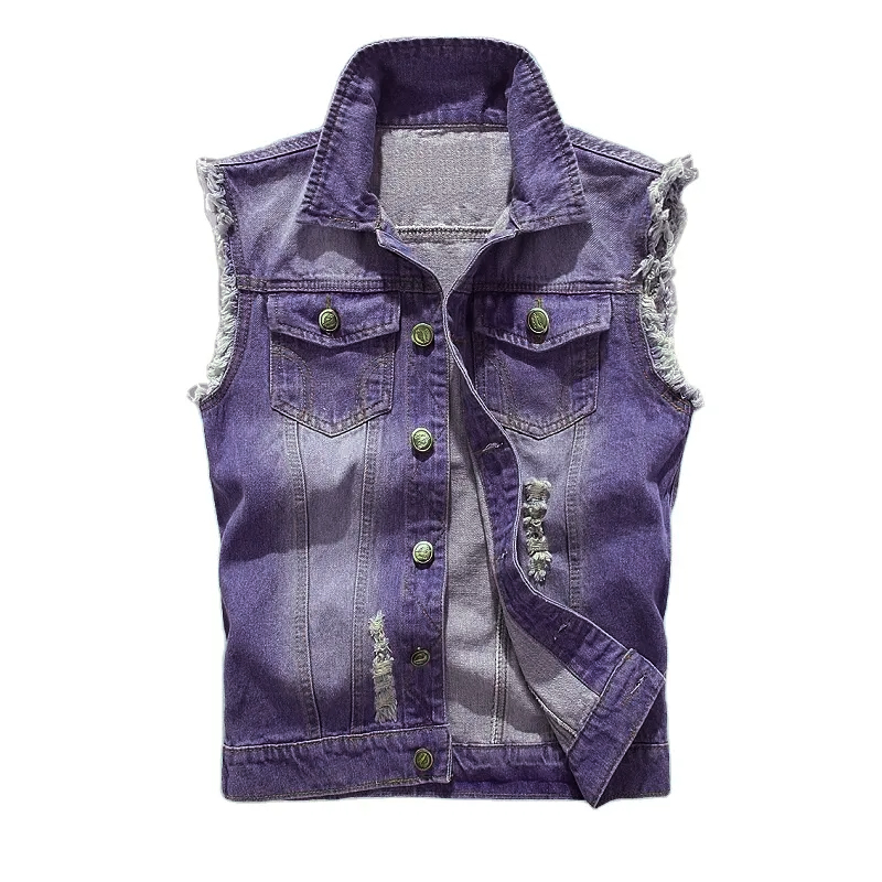 Custom Denim Vest Lapel Sleeveless Slim Fit Retro Ripped Casual Jean Vest for Man Multi Pockets Waistcoat Utility Vest factory