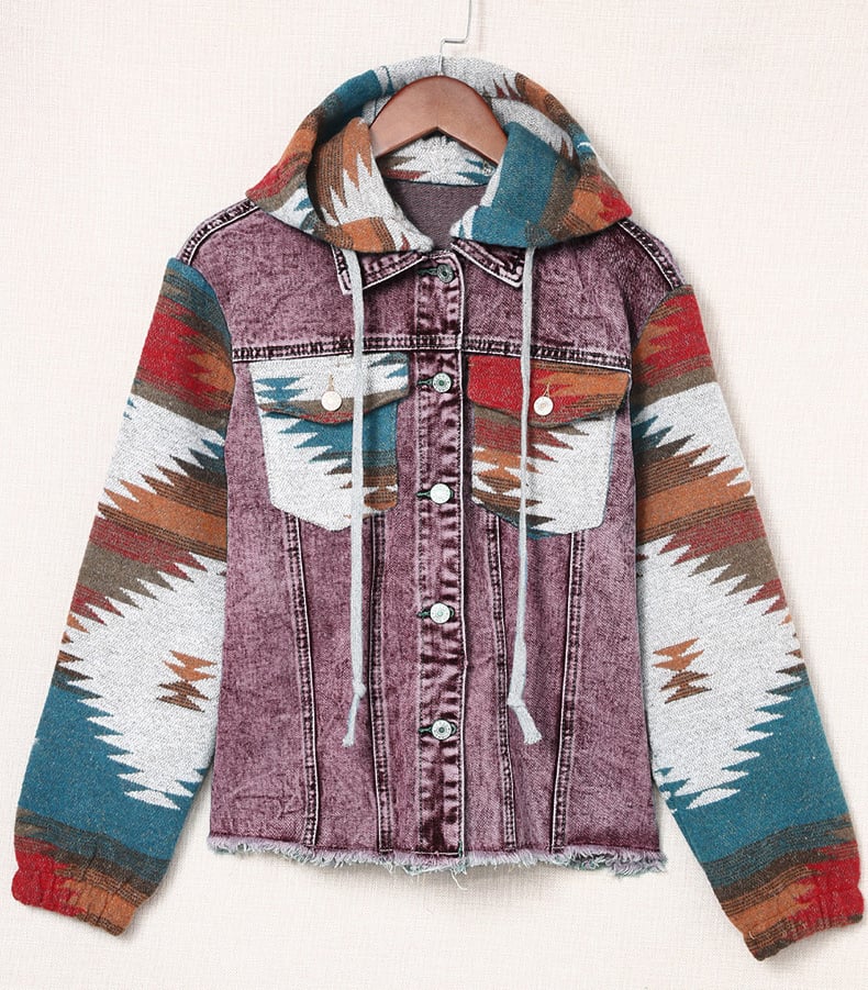 Vintage Aztec Western Style Frayed Hem Denim Jacket Hooded Jacket for Women manufacture